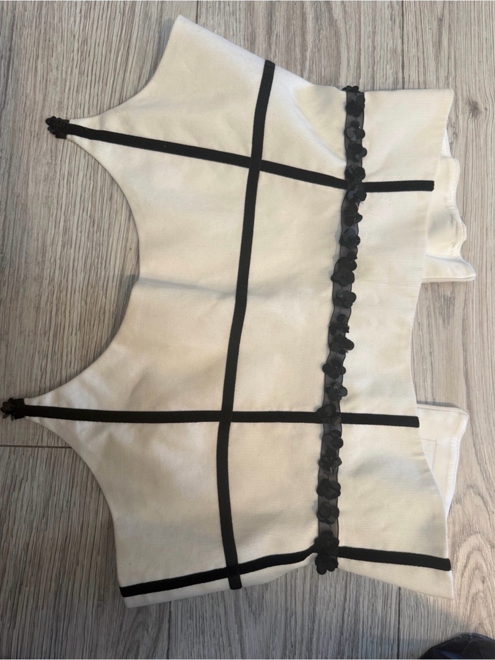 Women's Cream Grid Crop Top with Black Trim